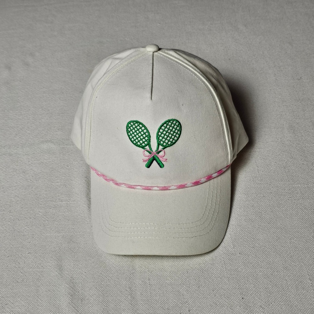 David and Young White Tennis Racket Embroidered Snapback Hat Pink Rope Detail